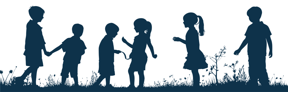 Illustrasjon i blått av barn som står på ei eng. - Klikk for stort bilete