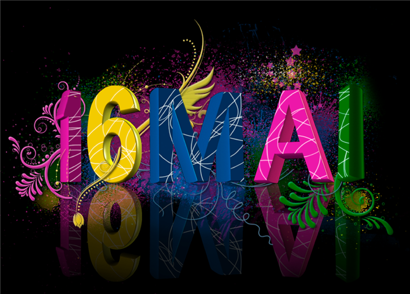 16. mai i fargerike bokstaver på svart bakgrunn. Bilete.