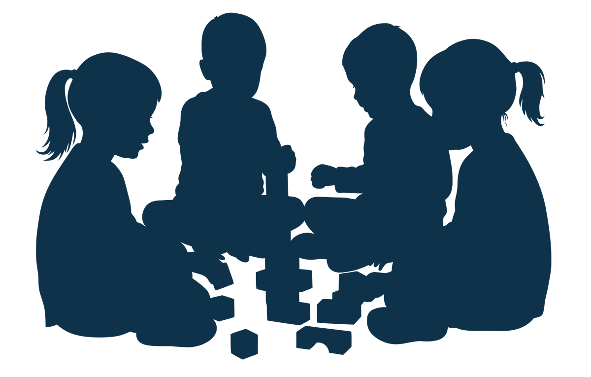 Fire barn I blått som sitter og leiker med klosser på gulvet. Illustrasjon. - Klikk for stort bilete