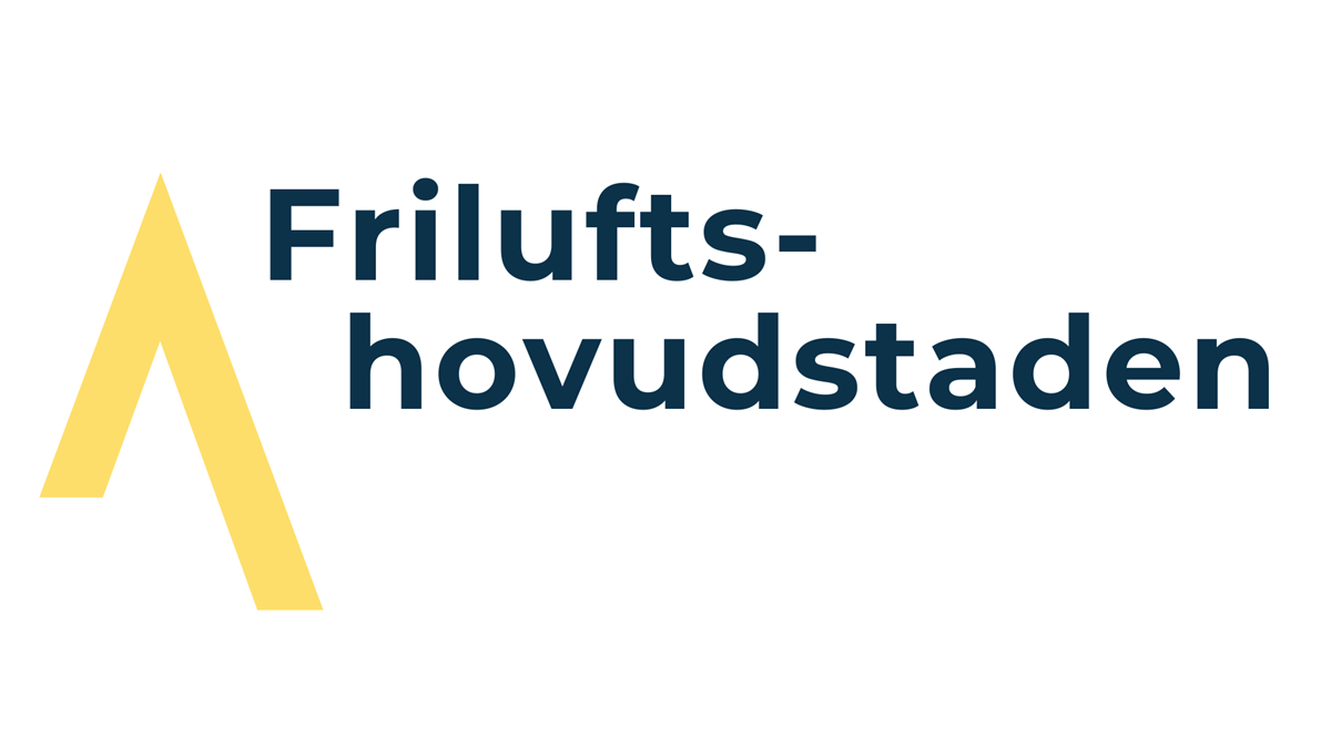Gul pil som peikar oppover med teksten Friluftshovudstaden i svar ved siden av. Illustrajson. - Klikk for stort bilete