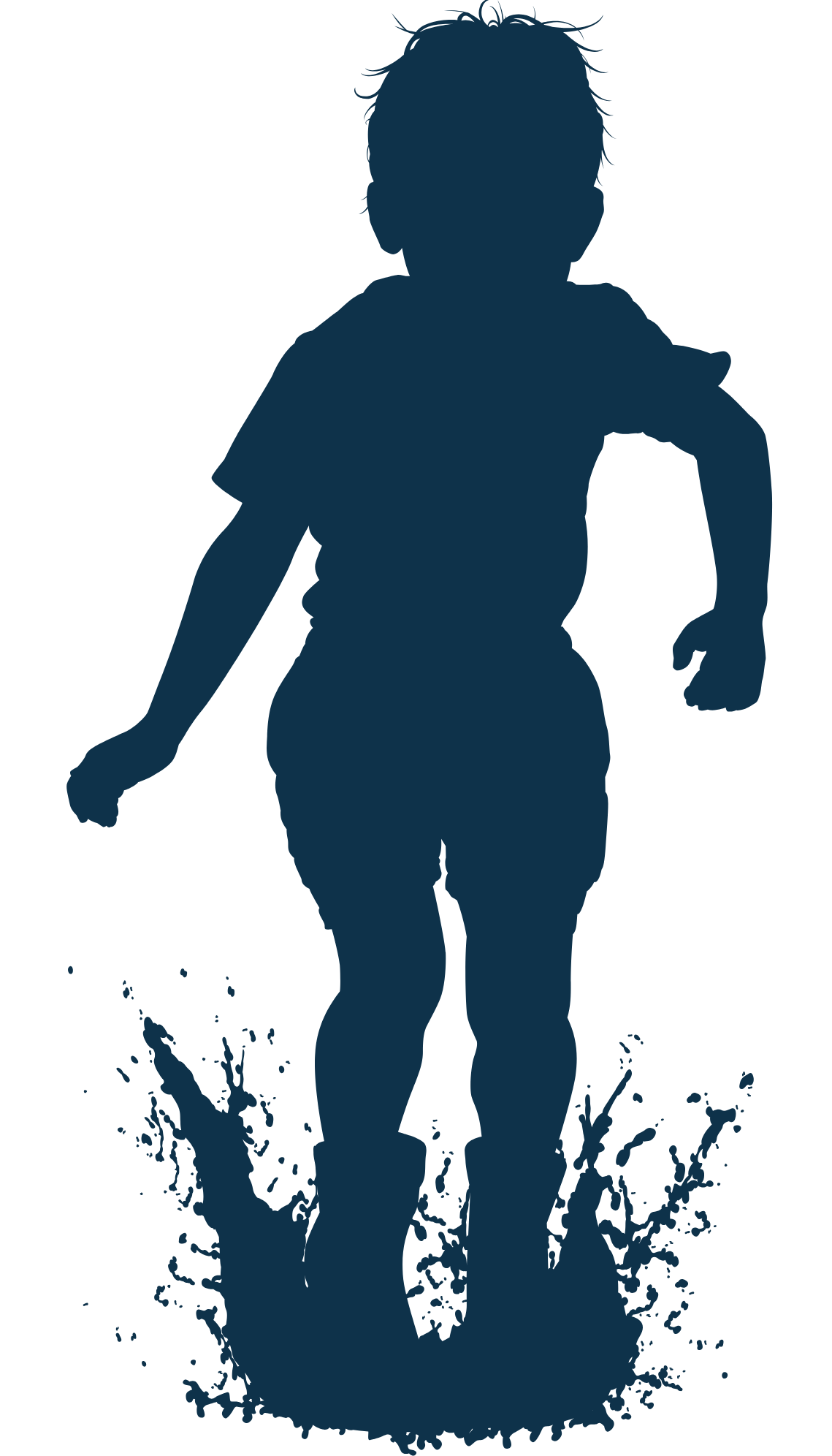 Illustrasjoner i blått av gutt som hopper i sølepytt. - Klikk for stort bilete