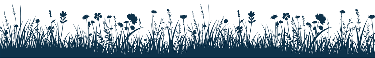 Illustrasjon i blått av ei eng. Gras og blomar i nærbilete. - Klikk for stort bilete