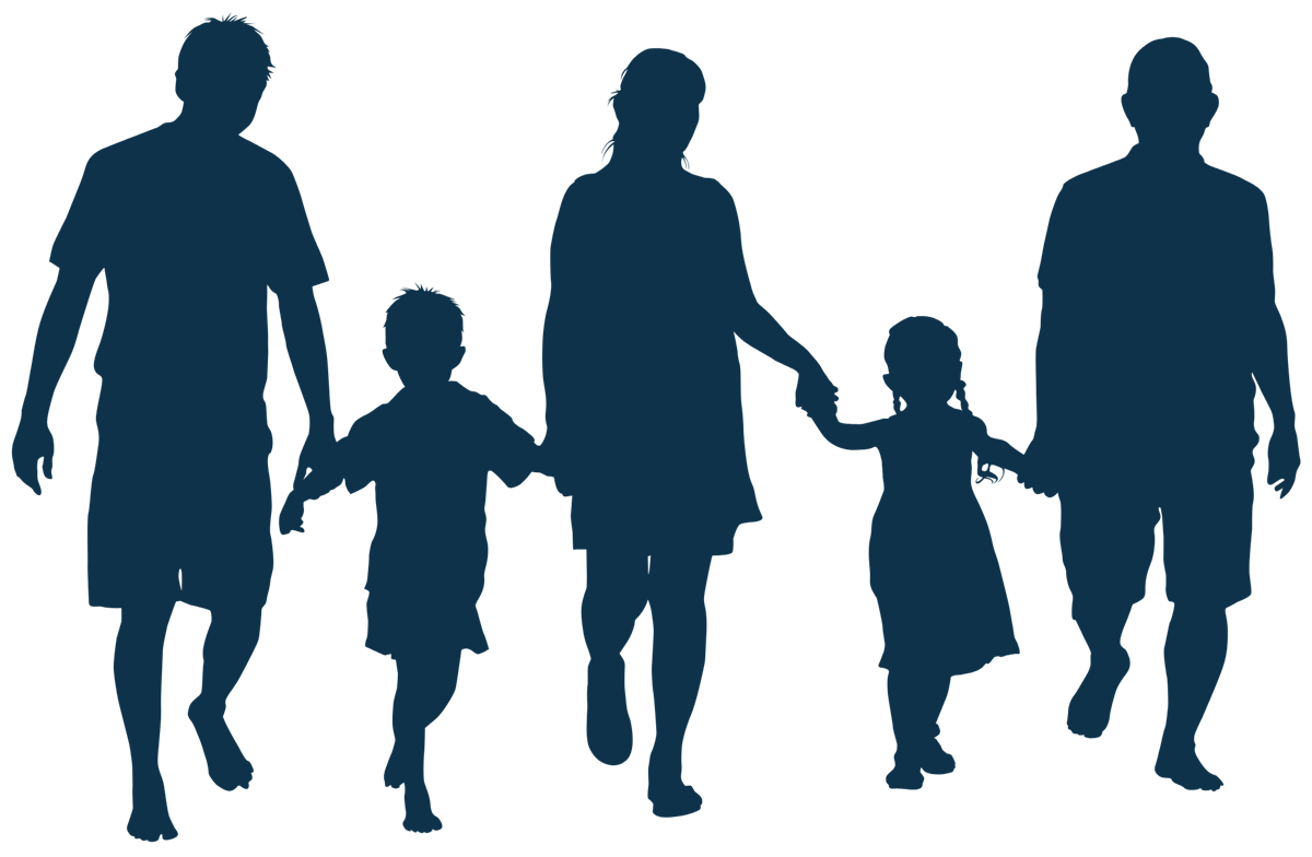 Mørkeblå siluetter av fem personer i ulik alder som held hender og går mot oss. Illustrasjon. - Klikk for stort bilete