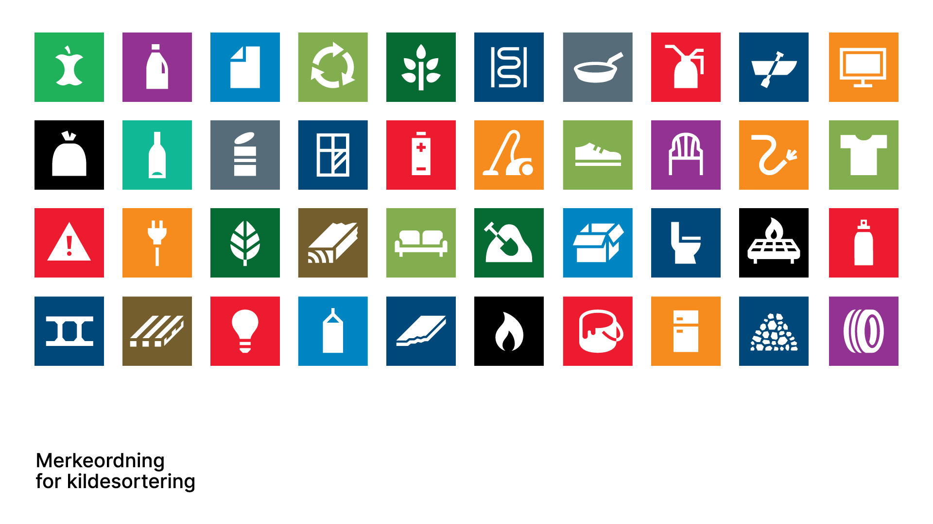 Nasjonale ikoner for sortering av avfall i alle farger med tilhøyrande ikoner. Illustrasjon.