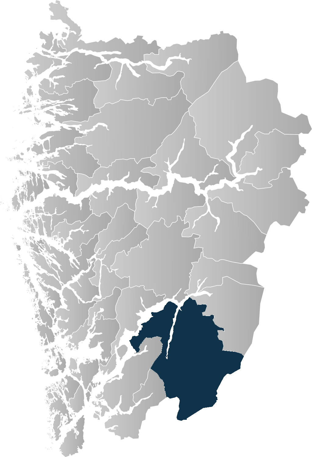 Grått kart over Vestland fylke med markert inn kommunegrensene til Ullensvang. Illustrasjon. - Klikk for stort bilete